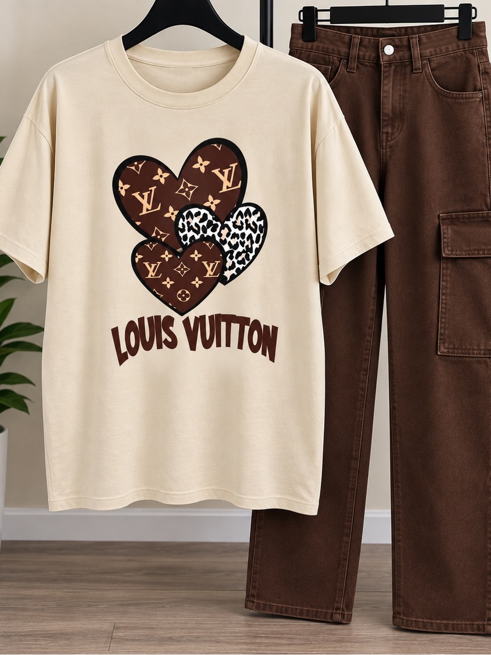 Cream Short-Sleeve Tee with Brown Heart Graphics